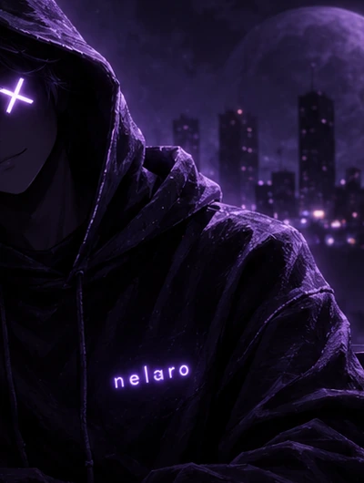 NELARO hooded character with glowing violet X-shaped eyes in a night city setting